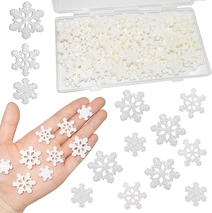 60 Pcs White Glitter Plastic Mini Snowflake for Christmas Embellishments and Winter Party DIY Craft Decoration-3 Different Size