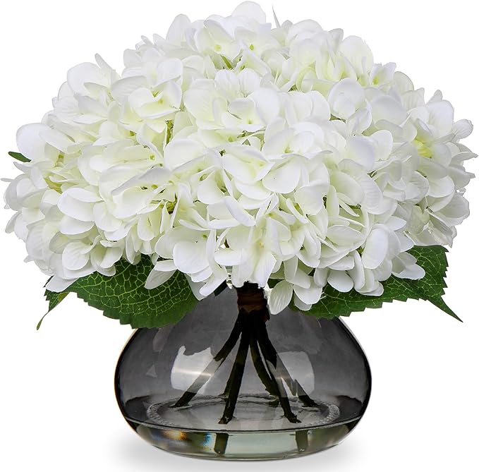 White Artificial Hydrangea Flower Arrangement with Glass Vase – Silk Faux Flowers for Table Centerpiece Decor