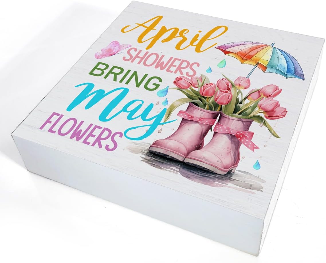 Spring Home Decor Spring Decorations April Showers Bring May Flowers Wooden Sign Decor for Desk Table Shelf Wall 5 x 5 Inches