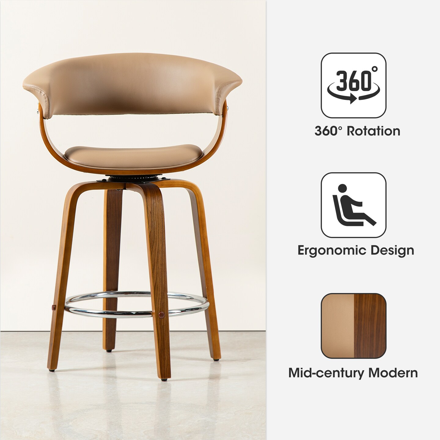 Set of 2/4 Mid-century Modern Leatherette Swivel Bar Stools/Counter Stools with Walnut Bentwood Frame