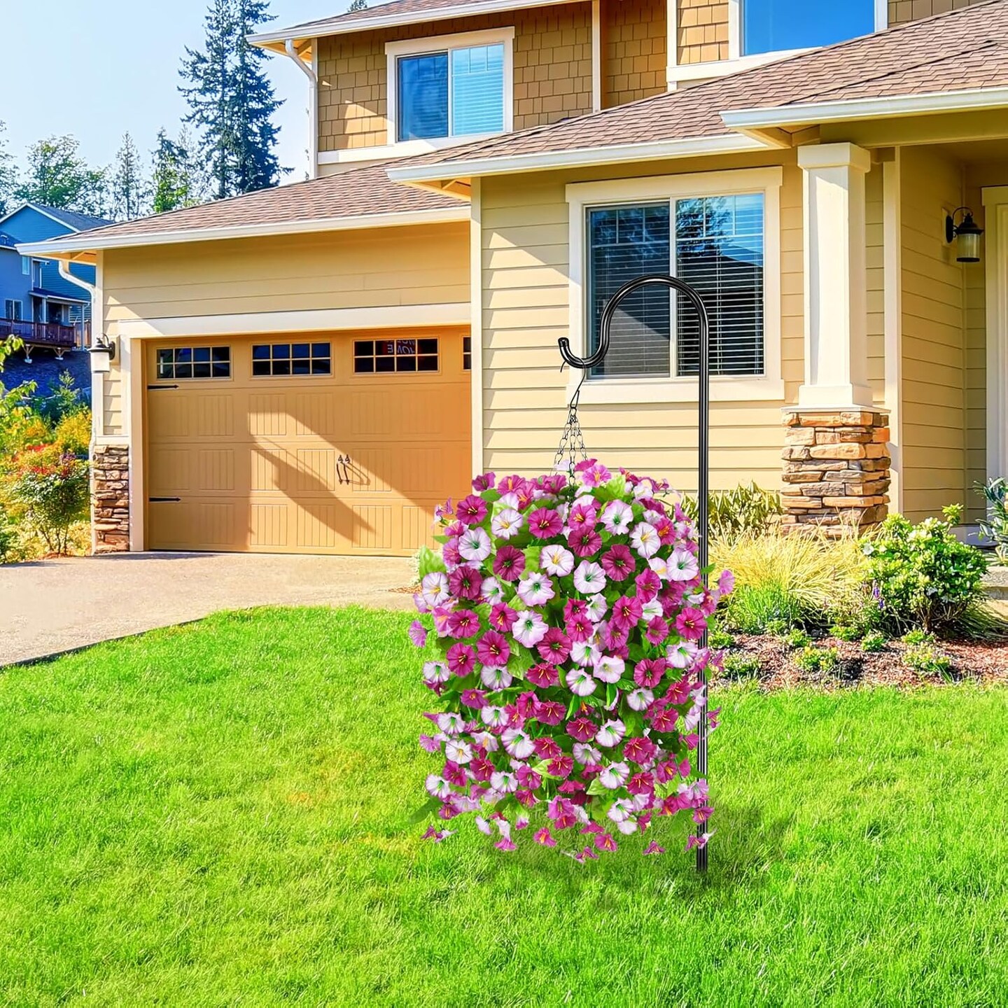 Artificial Faux Hanging Flowers Plants Baskets for Outdoor Spring Summer Decorations,Resistant Fake Morning Glory Silk Plants for Outside UV Resistant Patio Yard Home Porch Decor(Light Purple) 16"D x 16"W x 27"H