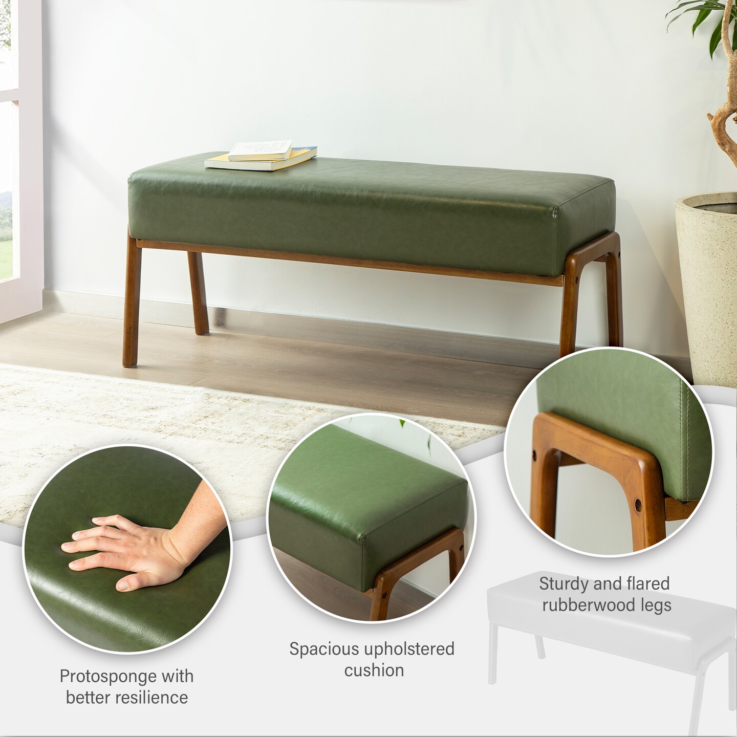 42.25&#x22;W Mid-century Modern Hunter Green Leatherette Bench with Walnut Rubberwood Legs