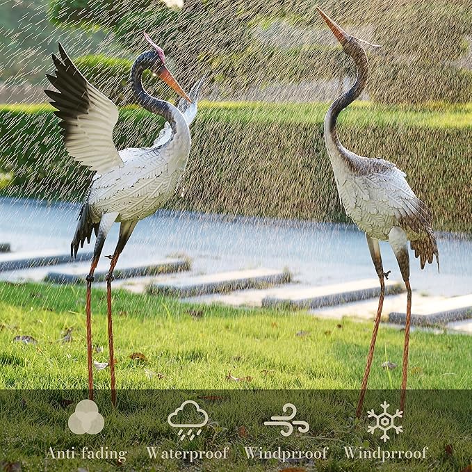 Yard Decorations Outdoor Garden Statues, White Metal Crane Yard Art, 33-39inch Lawn Ornaments for Backyard, Outside Porch, Patio, Wedding Decor,Set of 2,Spring Decor,Gifts for Mom