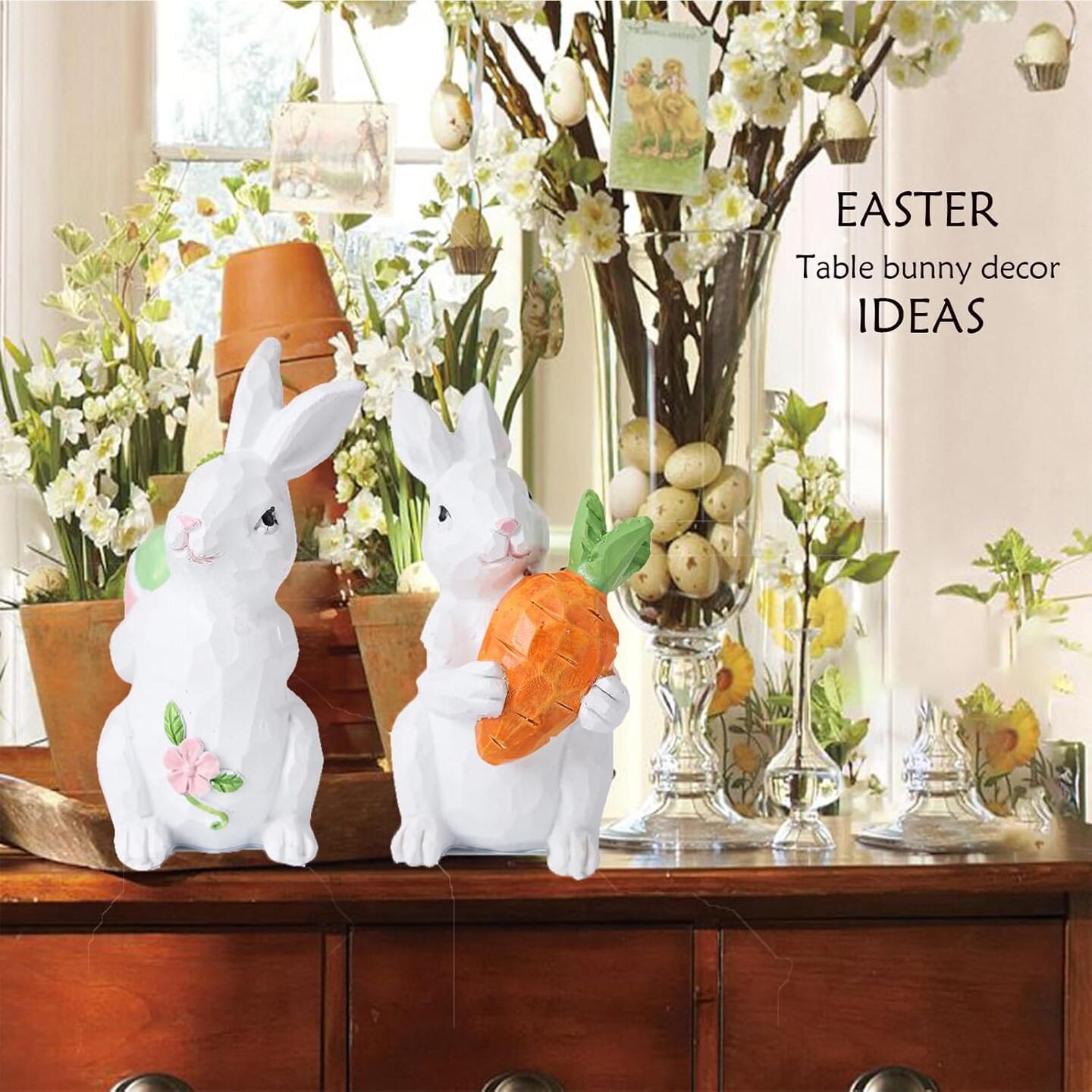Easter Bunny Decorations - Easter Bunny Decor - Easter Spring Bunnies Figurines with Egg and Carrot - Tabletop Ornaments for Home Farmhouse Gifts - 4 ince 2pc