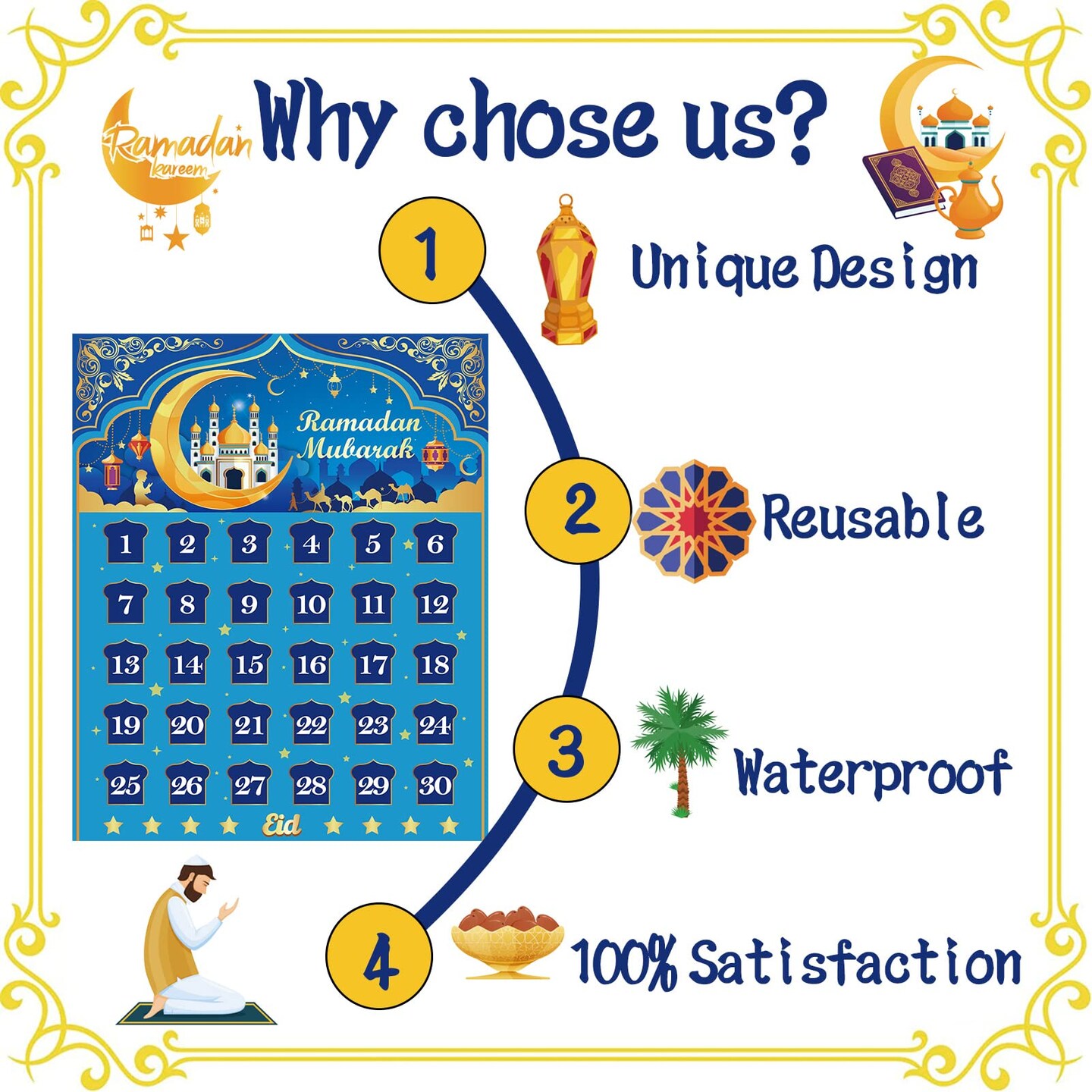 Ramadan Calendar, Eid Mubarak Calendar Countdown 2024 for Eid Party Supplies, Ramadan Advent Calendar Poster with 30 Countdown Star Stickers for Ramadan Mubarak Home Wall Decorations