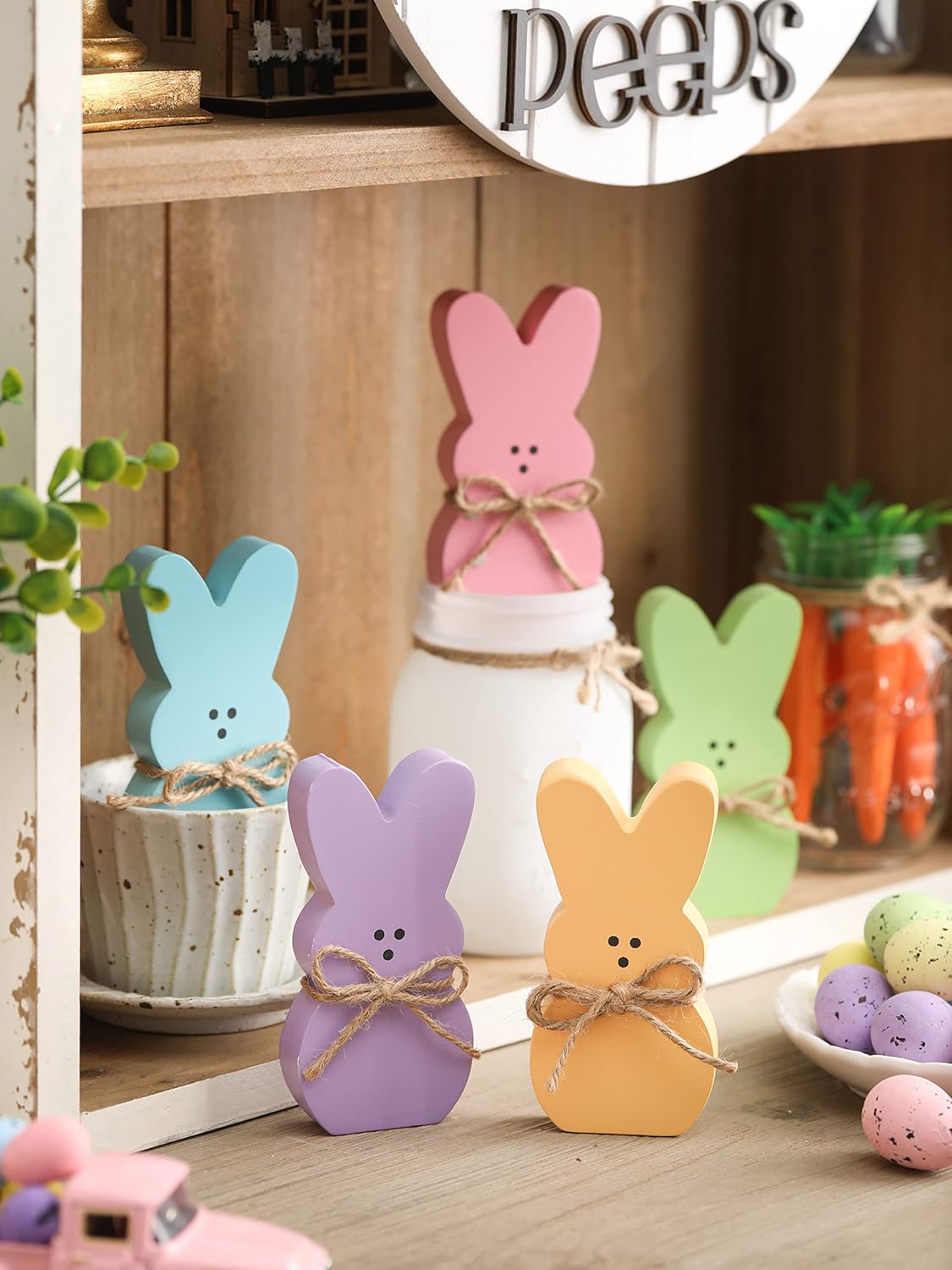 5-Piece Easter Wooden Peep Bunny Tiered Tray & Tabletop Decor