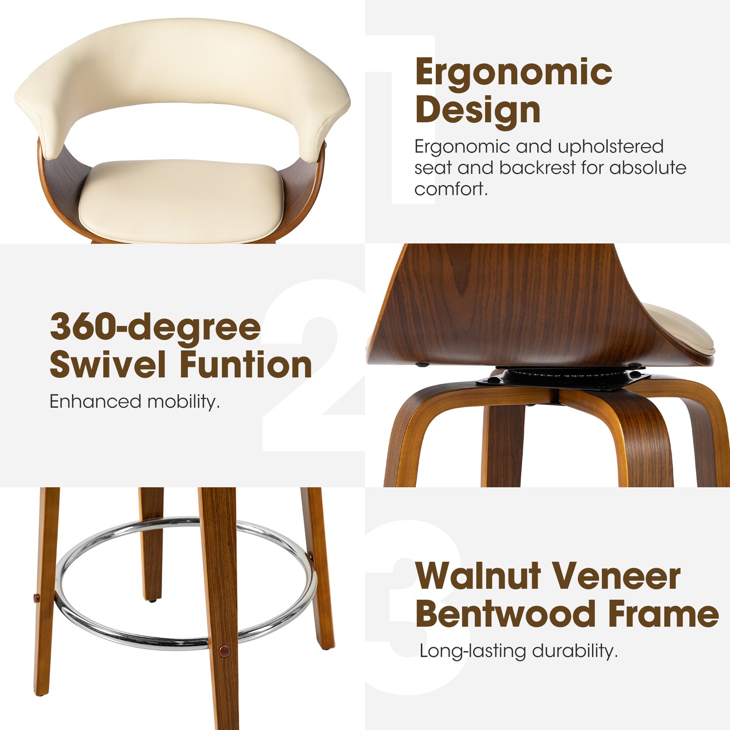 Set of 2/4 Mid-century Modern Leatherette Swivel Bar Stools/Counter Stools with Walnut Bentwood Frame