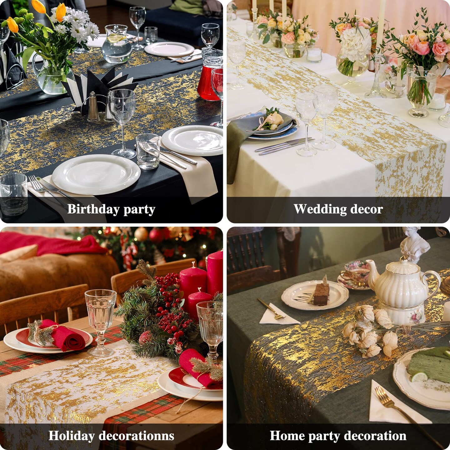 Ohanniewa Gold Table Runner 11 inch x 32 Feet Glitter Metallic Gold Foil Mesh Table Runner Roll Table Decorations for Wedding, Birthday, Banquet, Christmas