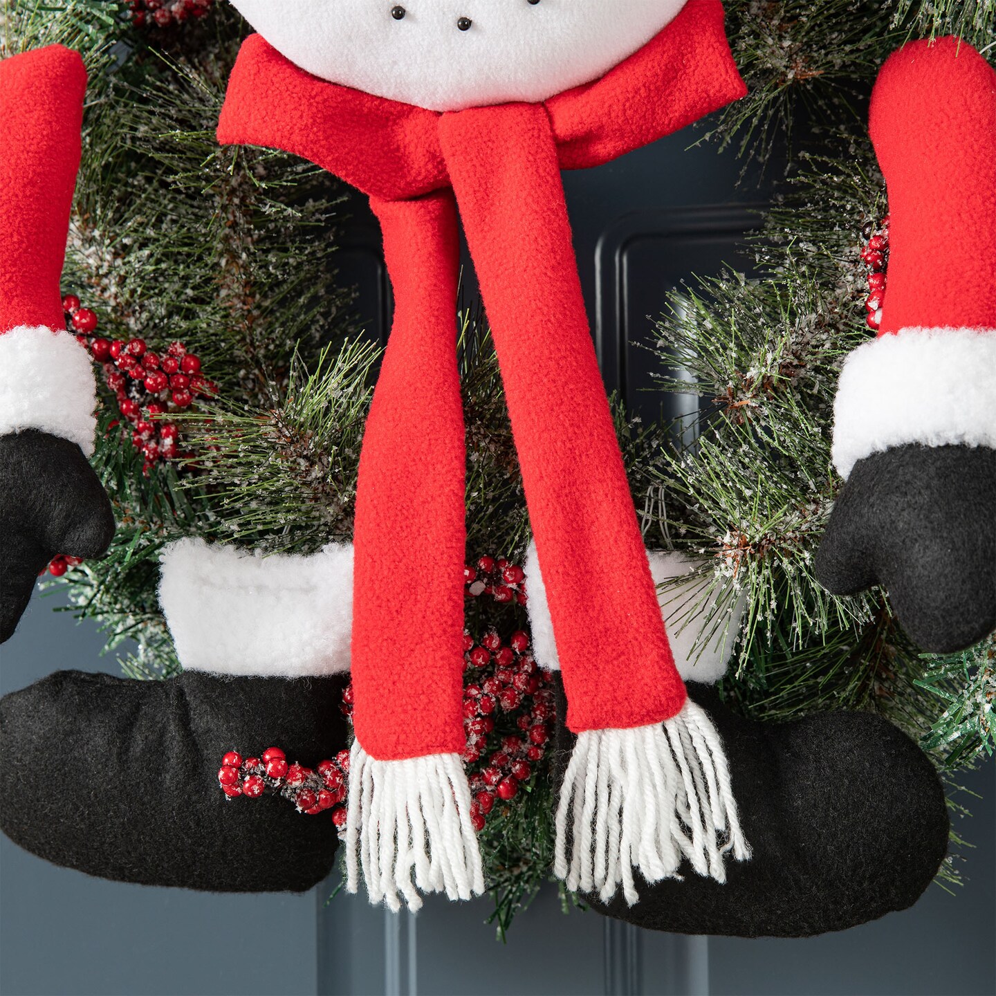 24&#x22;D Christmas Flocked Pine Needle &#x26; Berry Wreath with matched 20&#x201C;H Christmas Fabric Snowman Ornament Sets