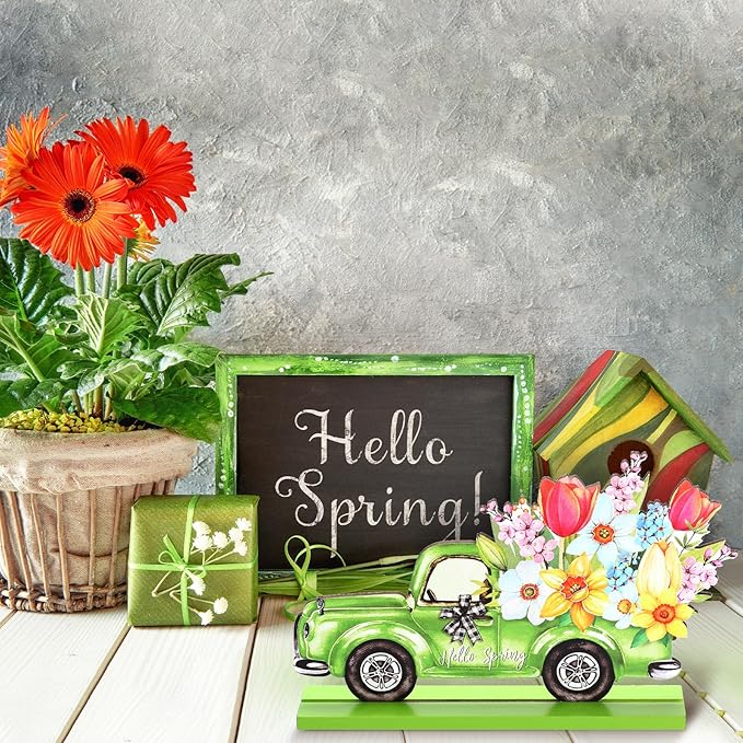 4 Pcs Hello Spring Table Decorations Spring Easter Table Centerpieces Hello Sunshine Wooden Signs Decorations for Home Wooden Party Ornament Farmhouse Easter Rustic(Cute Style)