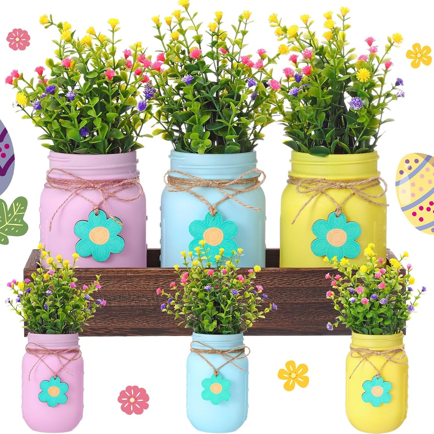 Spring Table Decoration Set Rustic Wood Tray with Artificial Colorful Flower Greenery Fake Plants Mason Jar Wooden Tag for Easter Spring Dining Table Centerpiece Supplies 11"L x 4.5"W x 2"H