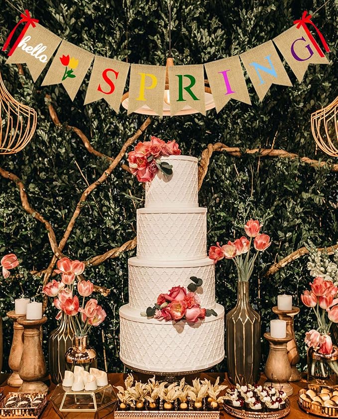 Hello Spring Burlap Banner Jute Spring Bunting Banner Garland Flower Spring Decorations for Indoor Outdoor Party Mantel Fireplace Wall Decor