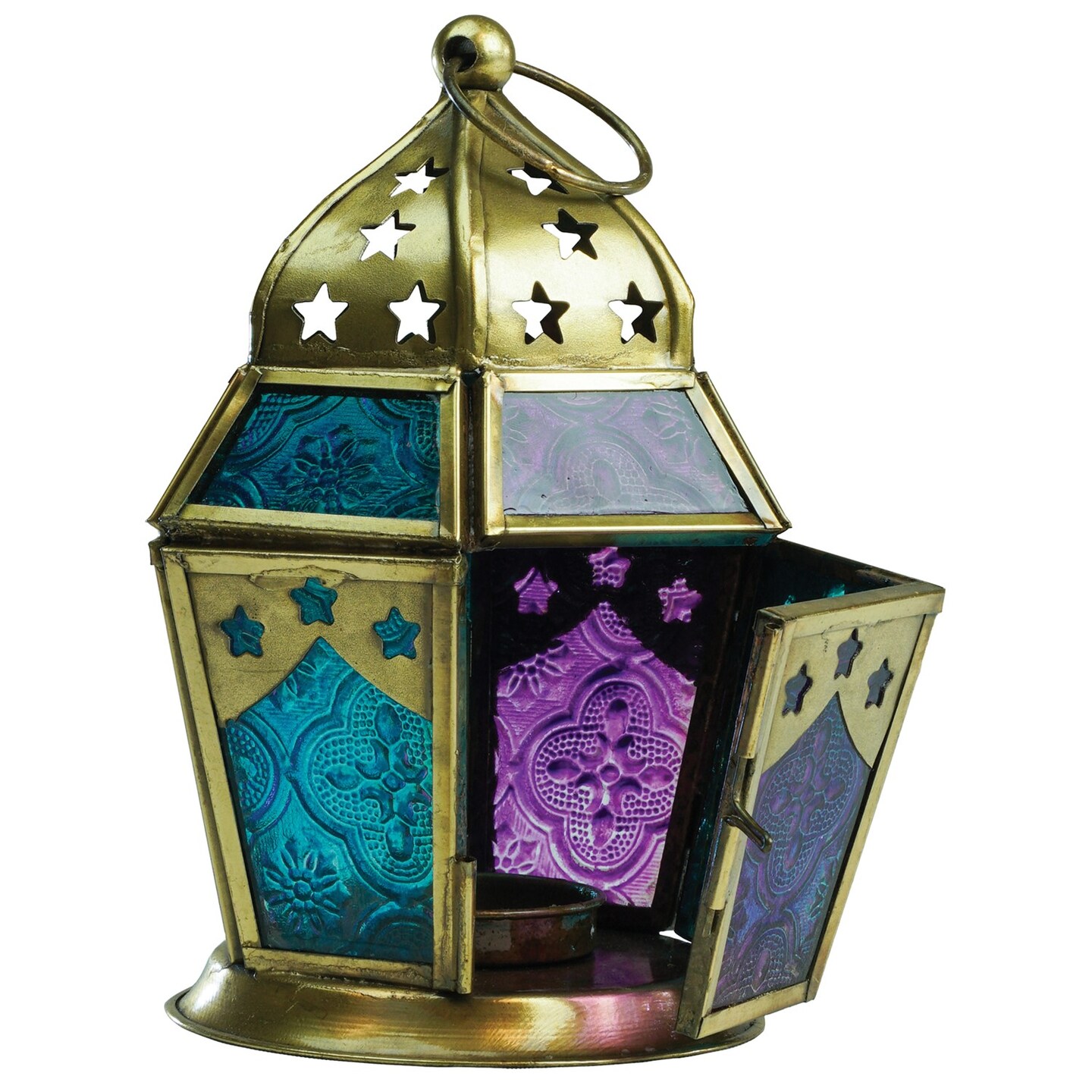 In the Breeze 9210 —Teal & Purple Hex Tealight Lantern — Moroccan-Style Boho Chic Tealight Glass and Metal Tabletop Lantern