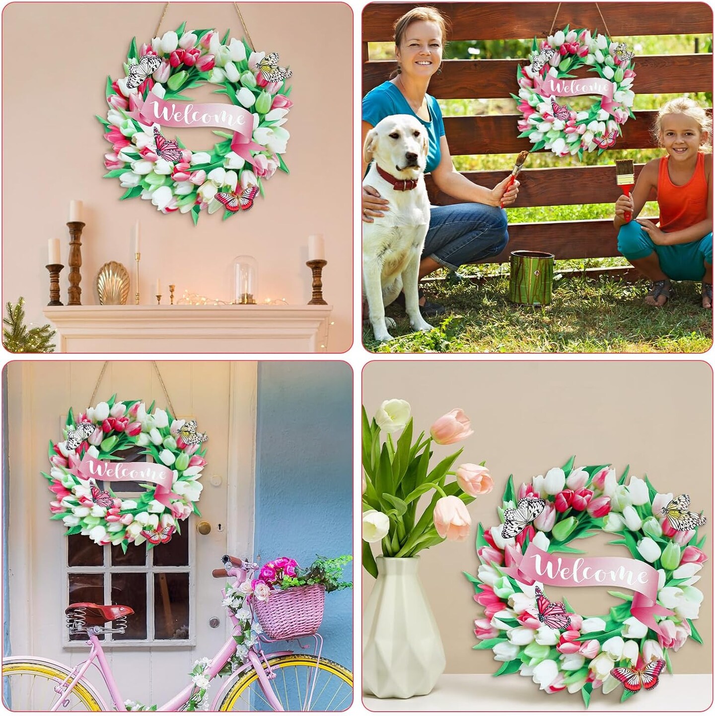 Spring Door Sign Tulips Wreath Summer Decoration 11.8" Welcome Sign Spring Flower Butterfly Wreath Wooden Front Door Hanger Home Wall Decor Farmhouse Indoor Outdoor