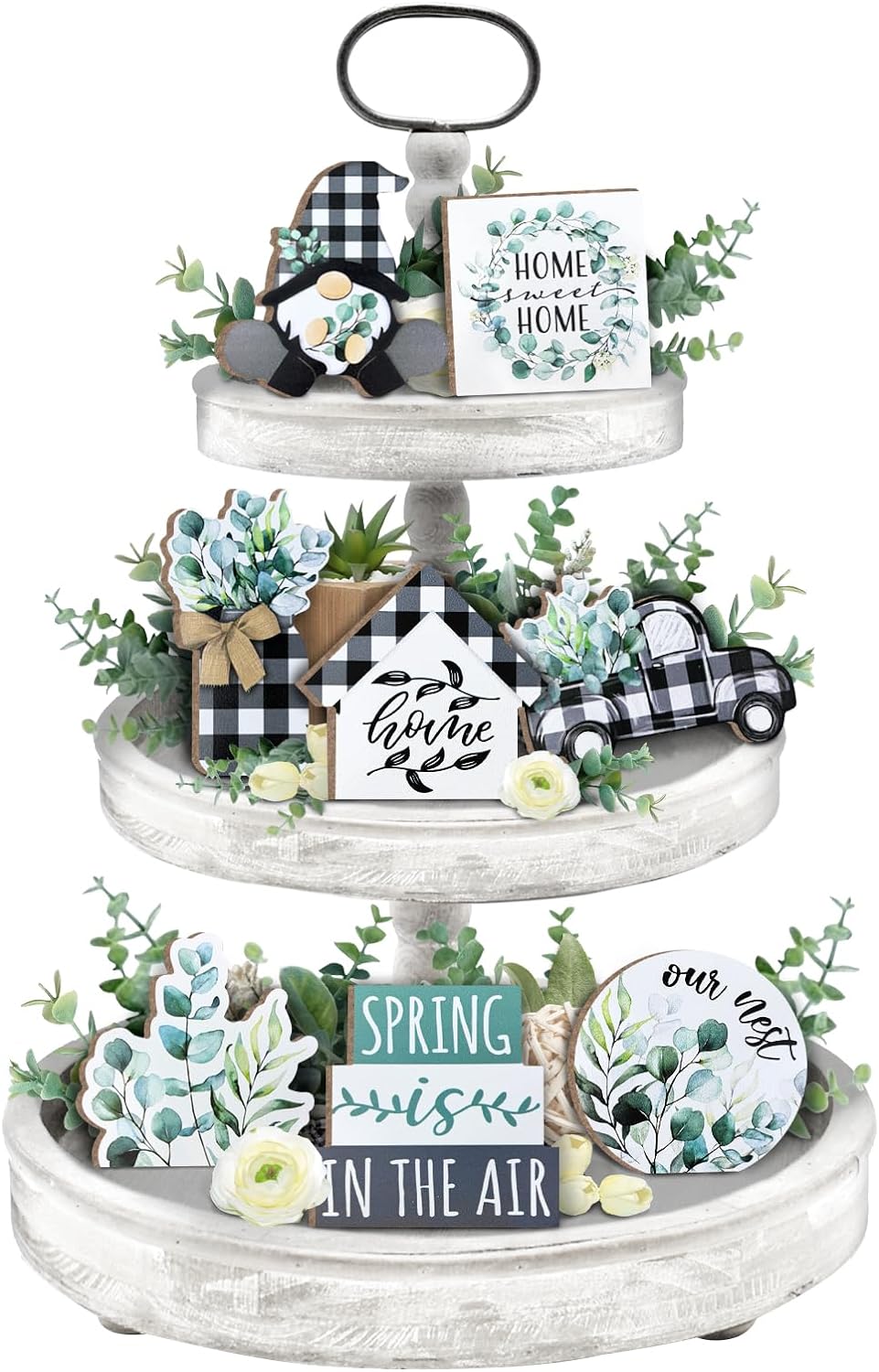 Spring Tiered Tray Decor, Farmhouse Eucalyptus Leaves Tray Decorations, Spring Gnome Wreath Buffalo Plaid Mason Jar Truck Wooden Signs, Rustic Spring Decor for Home Table Shelf Mantel Party
