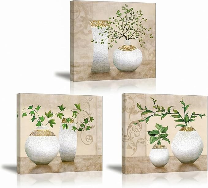 3 Piece Wall Art for Bathroom/Hallway, SZ HD Elegant Canvas Painting Prints of Green Spring Plants in Vases on Beige/Tan Picture (Waterproof Decor, Ready to Hang, 12x12 x3)