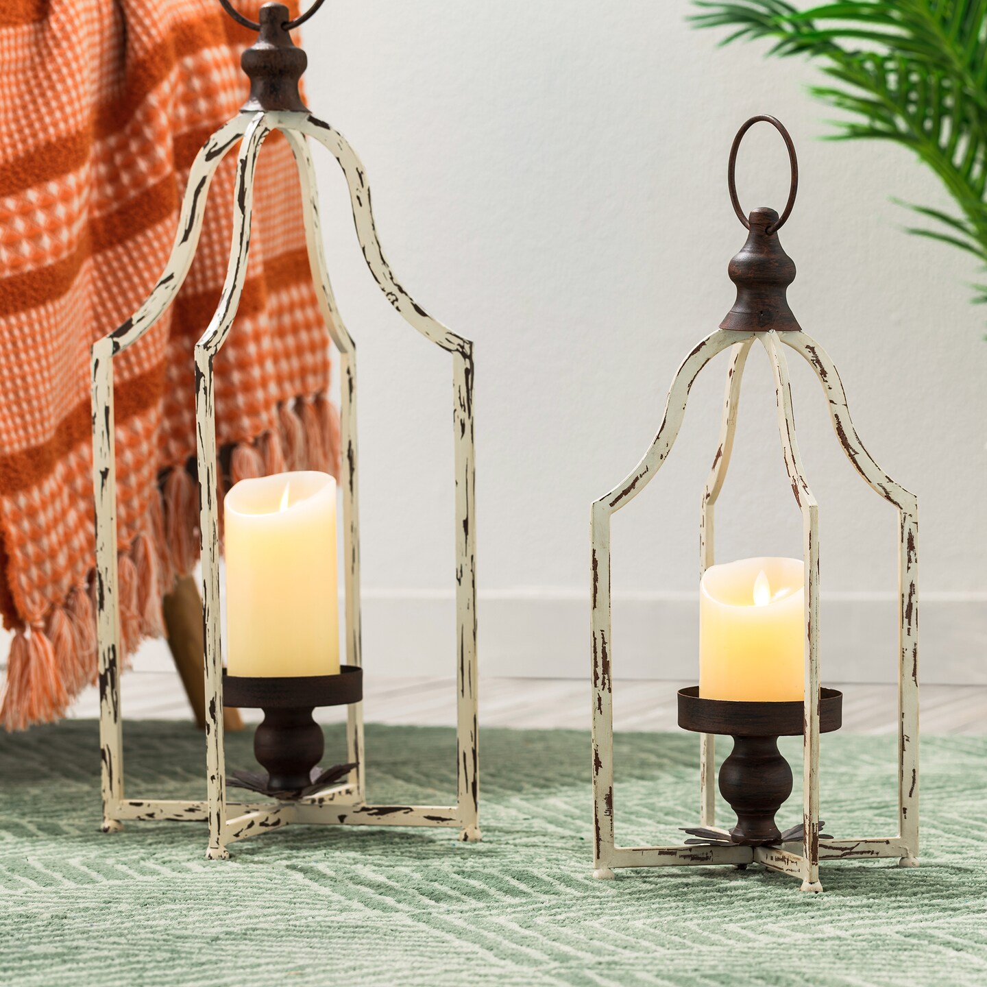 Set of 2 White Farmhouse Metal Decorative Lanterns Hanging Candle Holders Wedding Decor