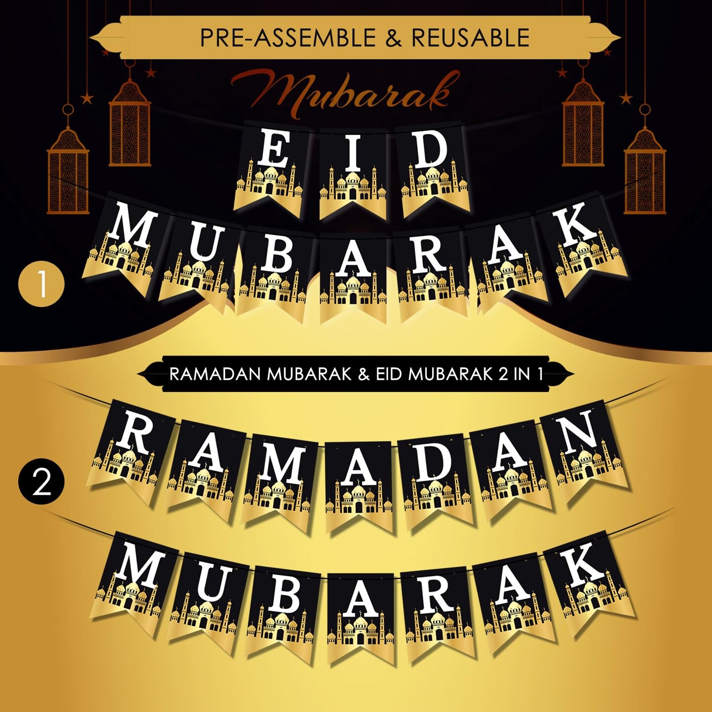 Ramadan Mubarak Decorations, Eid Decorations for Home - Preassembled Ramadan Eid Mubarak Banners, 16 Pcs Eid Balloons, 6 Pcs Islamic Star Moon Lantern Garland Streamer, 10 Pcs Cupcake Toppers