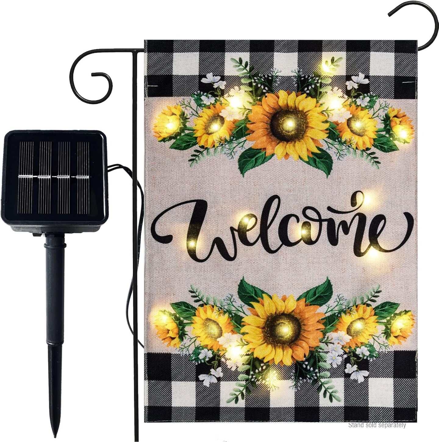 Welcome Summer Sunflower Garden Flag With Lights- Solar LED Burlap Welcome Sign Buffalo Plaid Mini Small Garden Yard Flags Banner 12x18 Double Sided for Outside Patio Lawn Outdoor Decoration Farmhouse