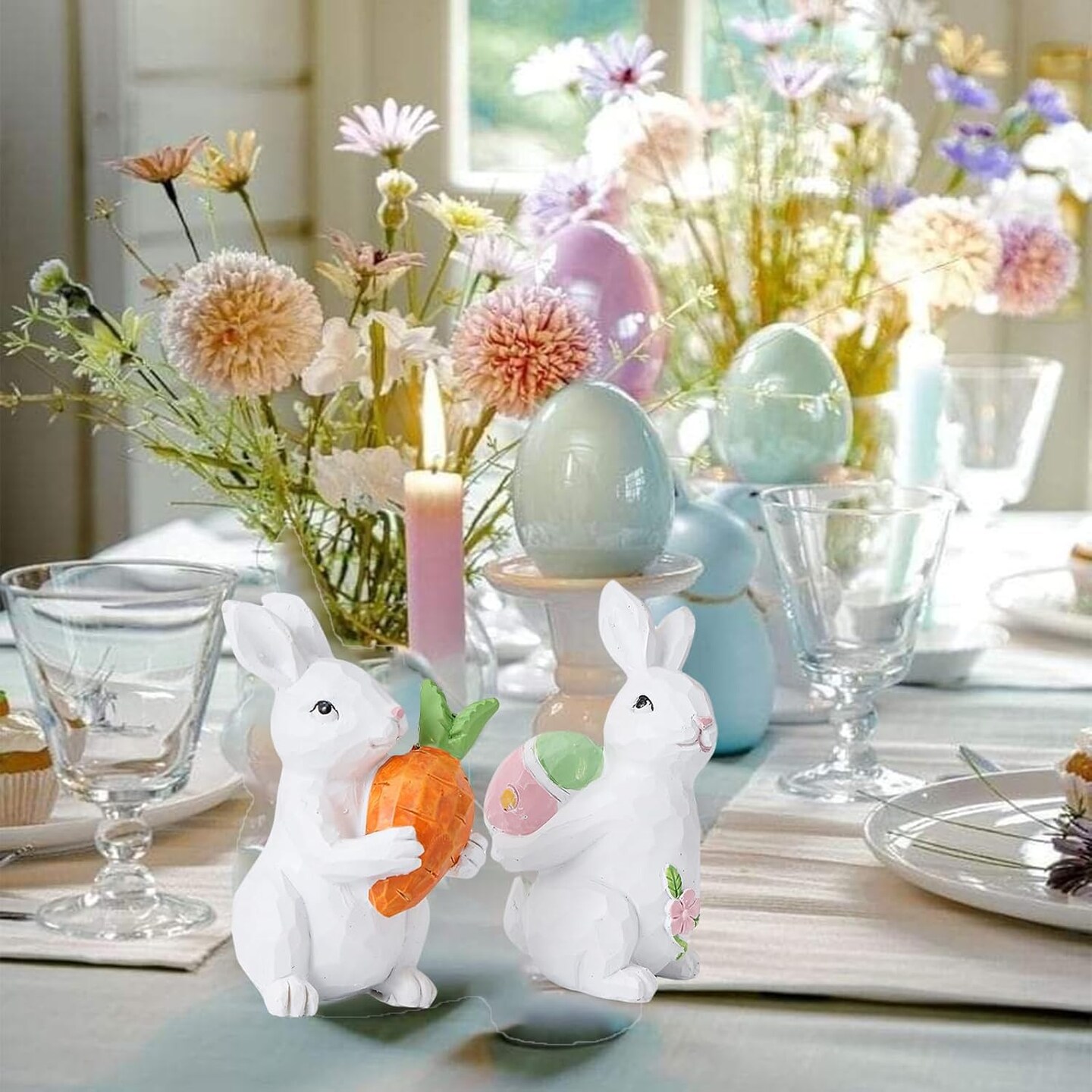 Easter Bunny Decorations - Easter Bunny Decor - Easter Spring Bunnies Figurines with Egg and Carrot - Tabletop Ornaments for Home Farmhouse Gifts - 4 ince 2pc