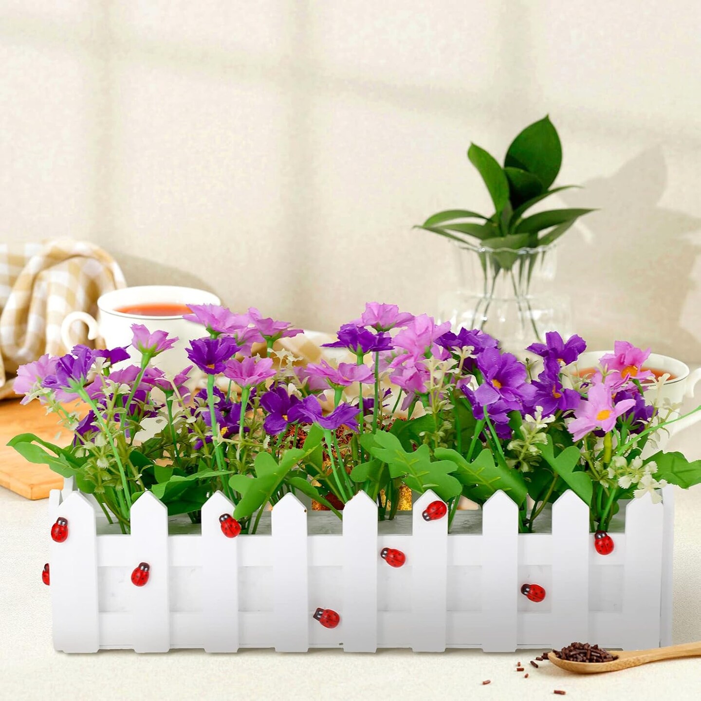 4-Piece Artificial Daisy Plants in Picket Fence Pots – Colorful Spring Decor for Home, Office & Wedding
