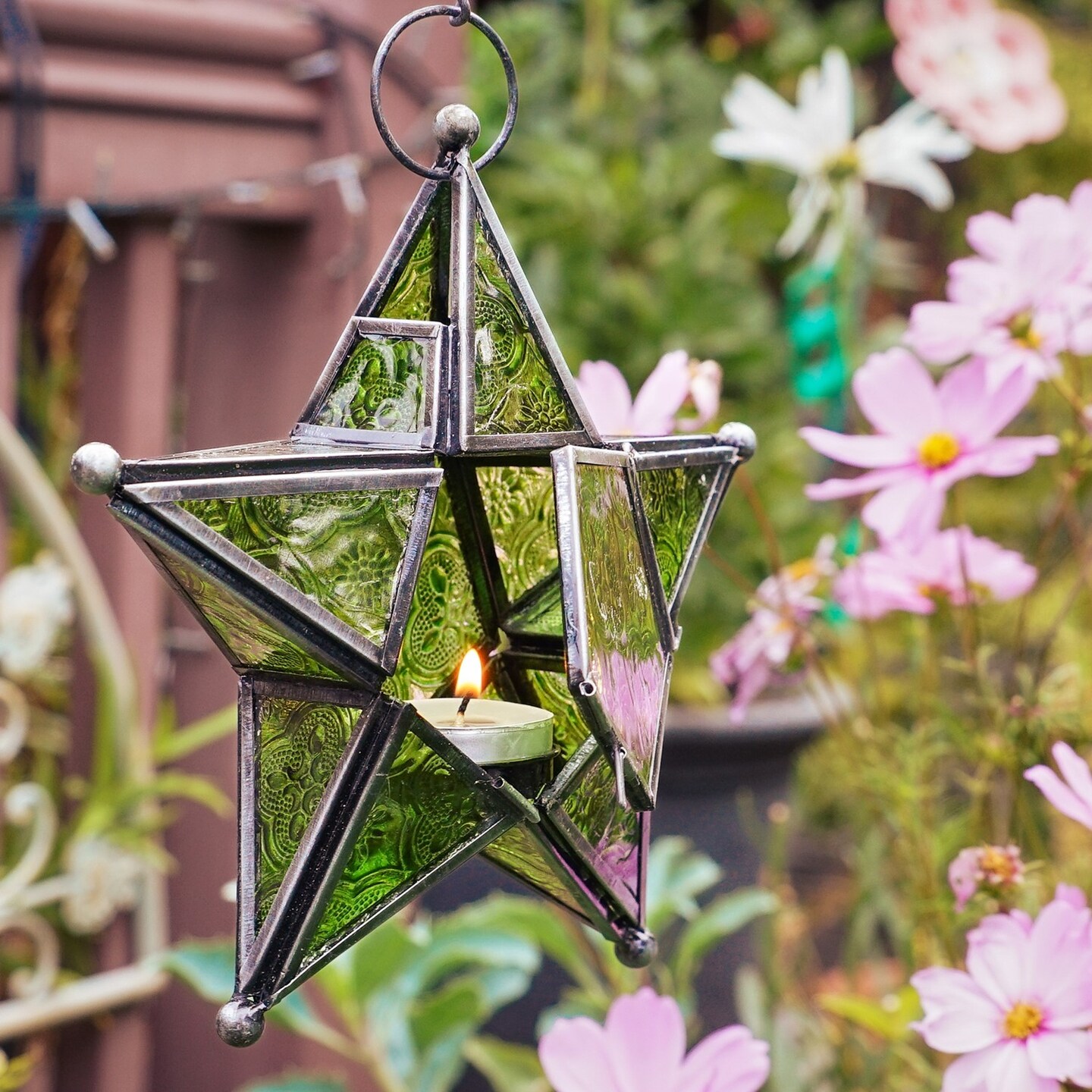 In the Breeze 9218 — Green 5-Point Star Tealight Lantern — Moroccan-Style Boho Chic Glass and Metal Tealight Hanging Lantern