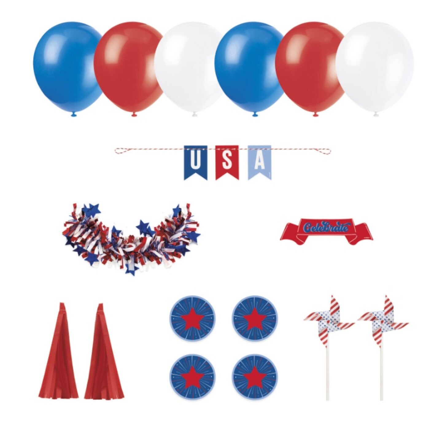 Patriotic USA Parade Decorating Kit with Pinwheels  Garland  Latex Balloons and more - 17pc