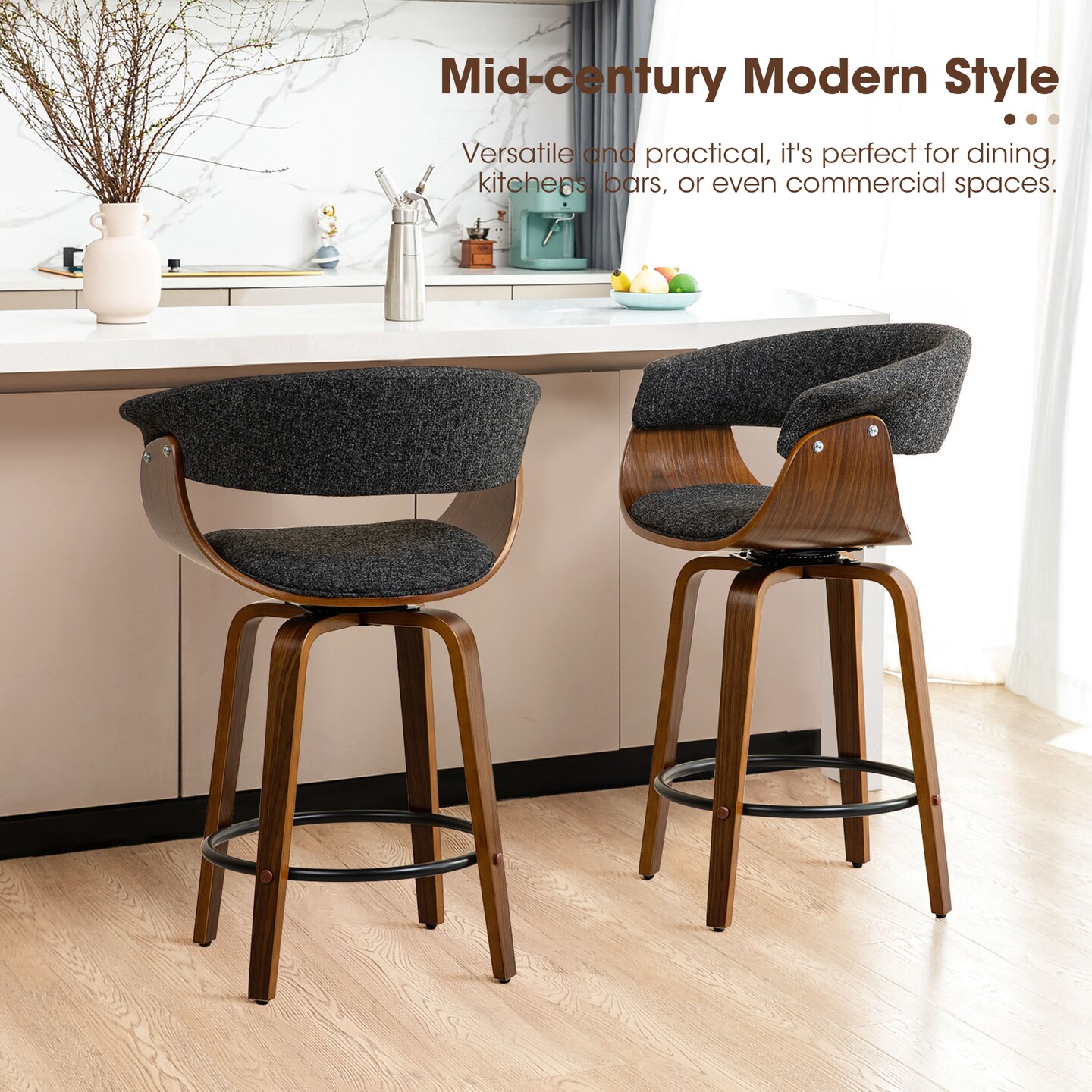 Set of 2/4 Modern Counter &#x26; Bar Height Wooden Swivel Bar Stools
