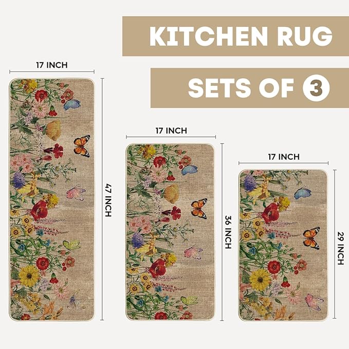 Artoid Mode Wood & Butterfly Spring Kitchen Rug Set – 3 Low-Profile Floor Mats (17"x29", 17"x36", 17"x47")