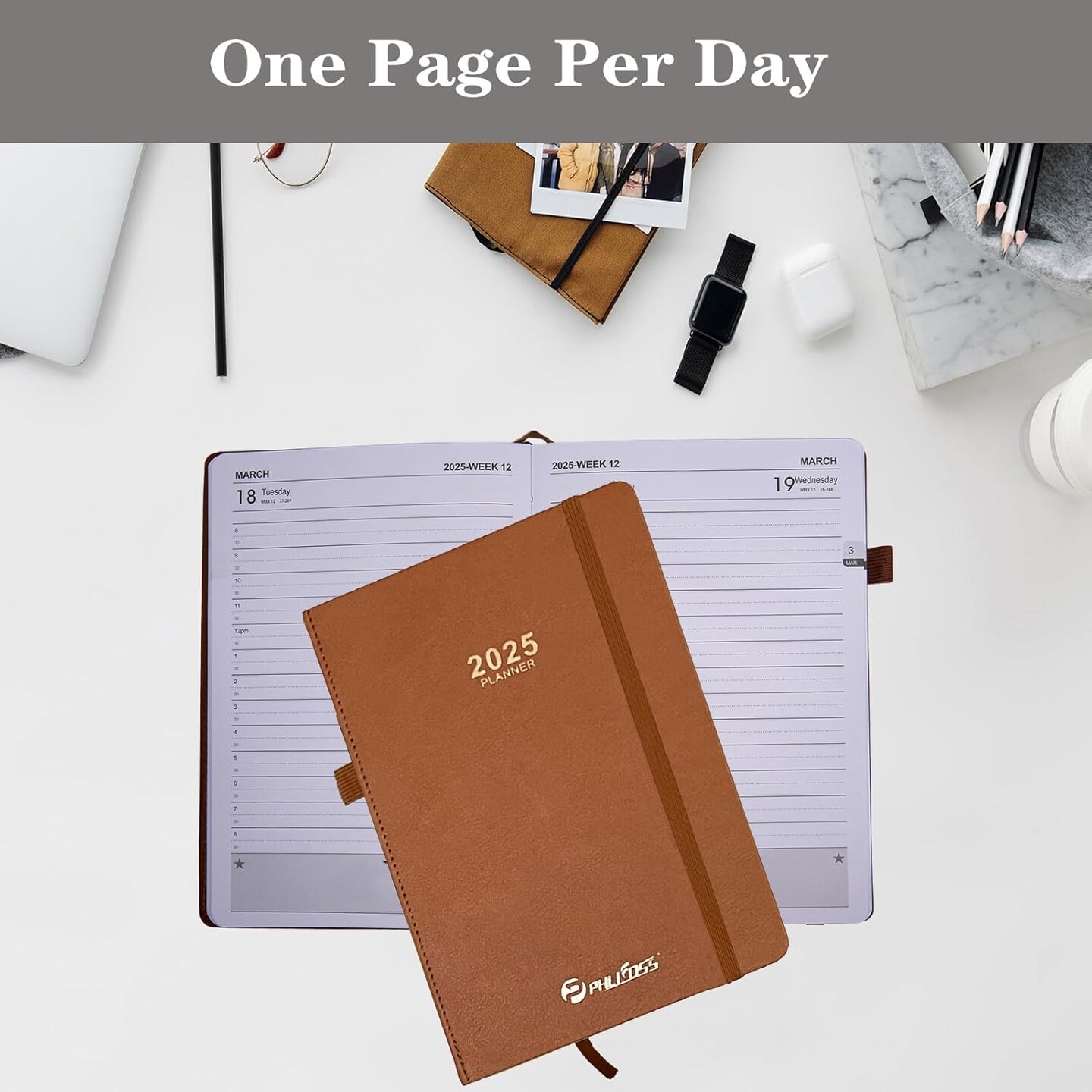 2025 Daily Planner/Calendar, One Page Per Day, Daily Monthly Agenda Planner with Time Slots and Monthly Tabs, Jan - Dec 2025, 5.7&#x22; x 8.25&#x22; Appointment Book, Leather Cover (2025-Lake Green)