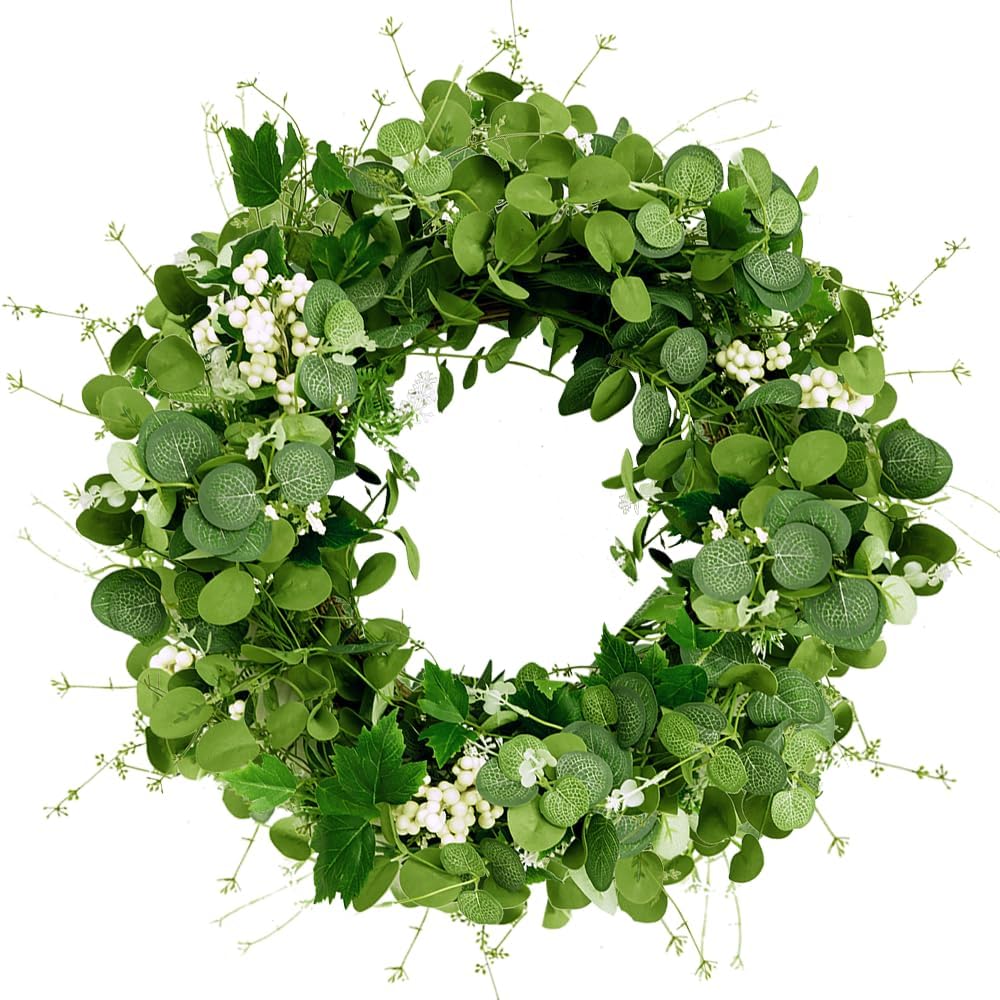 Eucalyptus Wreath 22-24 Inch, Spring Wreaths for Front Door Outside with White Berry (Green)