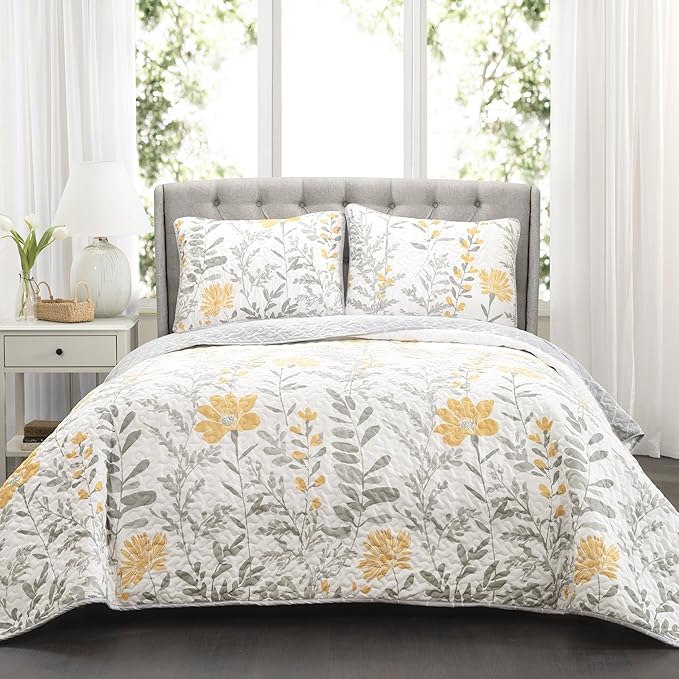Aprile Soft Reversible Floral Quilt Set, 3 Piece Set, King, Yellow &#x26; Gray - Beautiful Floral Bedding Set - King Quilt - Spring Decor - Cottage &#x26; Farmhouse Bedroom Decor