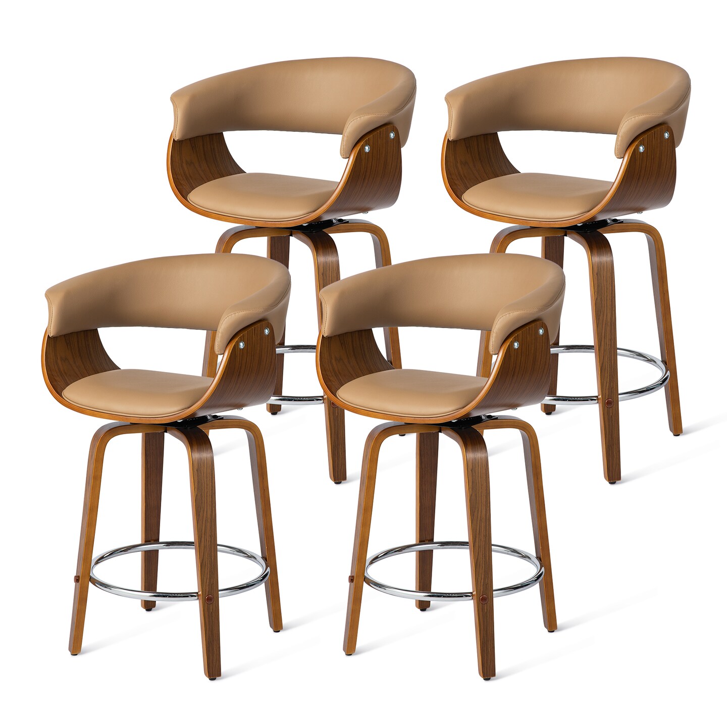 Set of 2/4 Mid-century Modern Leatherette Swivel Bar Stools/Counter Stools with Walnut Bentwood Frame