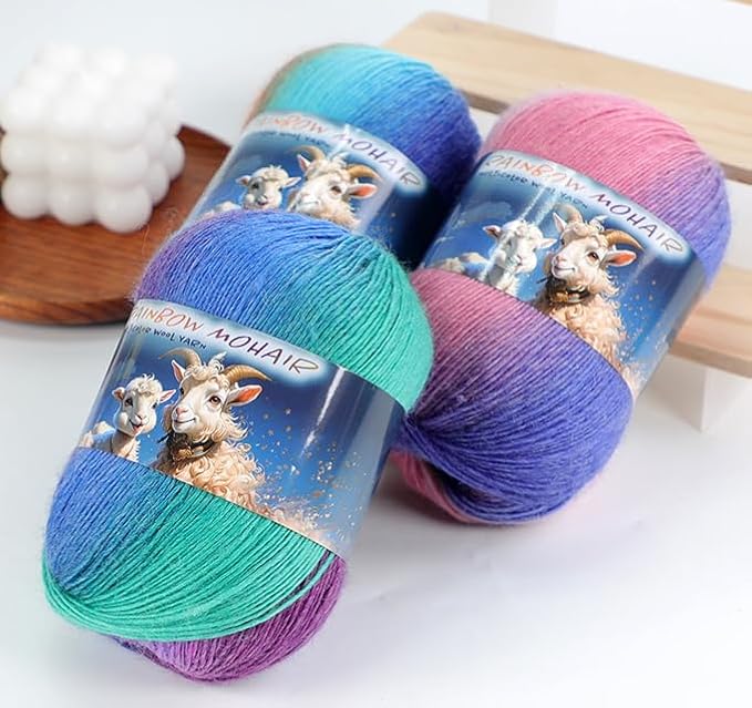 3pk Rainbow Mohair Multicolor Wool Yarn 90% Wool 10% Acrylic by Sunny Cat for Knitting and Crochet (213 Velvet Dawn)