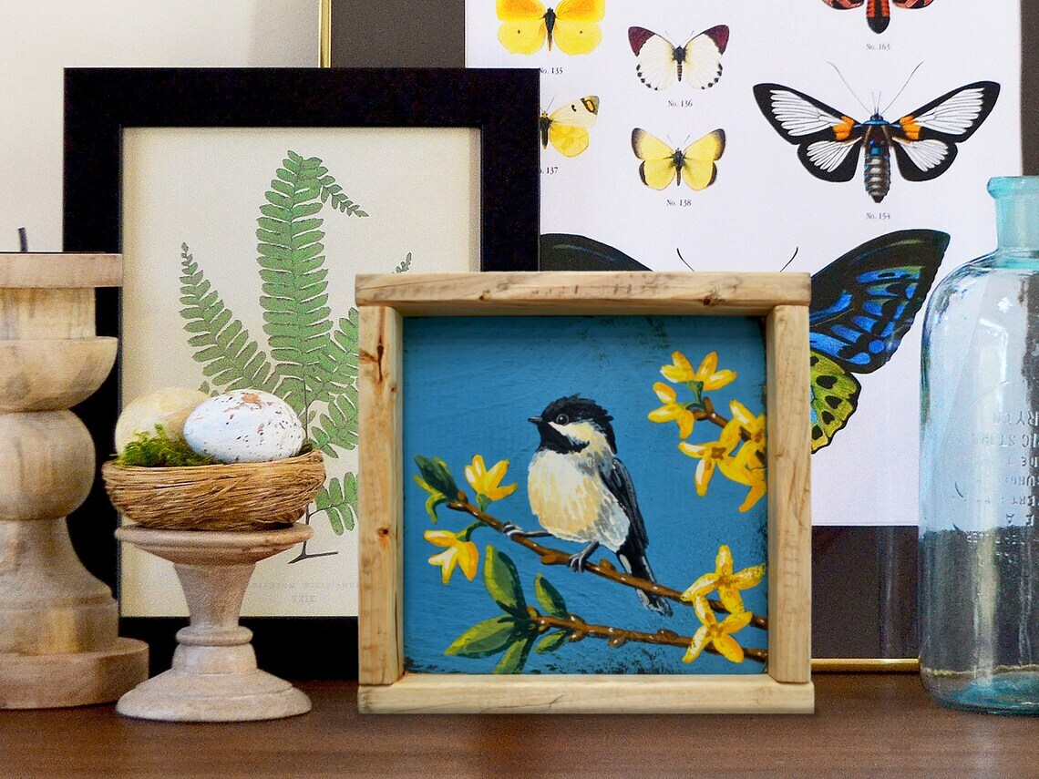 Spring Decor, Chickadee Art, Forsythia Wall Decor, Spring Shelf
