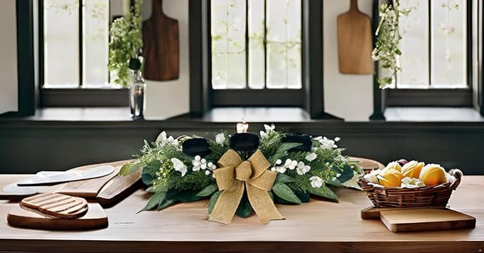 Candle Holders Centerpiece for Table,3 Wick Candle Holder with Gypsophila Artificial Flower,Artificial Magnolia,Freesia and Holly Berries for Table Centerpiece Decor,Dining Room Decor,Desktop Decor