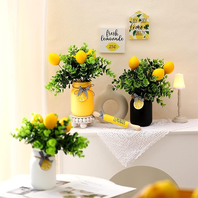 12-Piece Lemon Mason Jar Decor Set – Summer Farmhouse Table & Tiered Tray Centerpieces