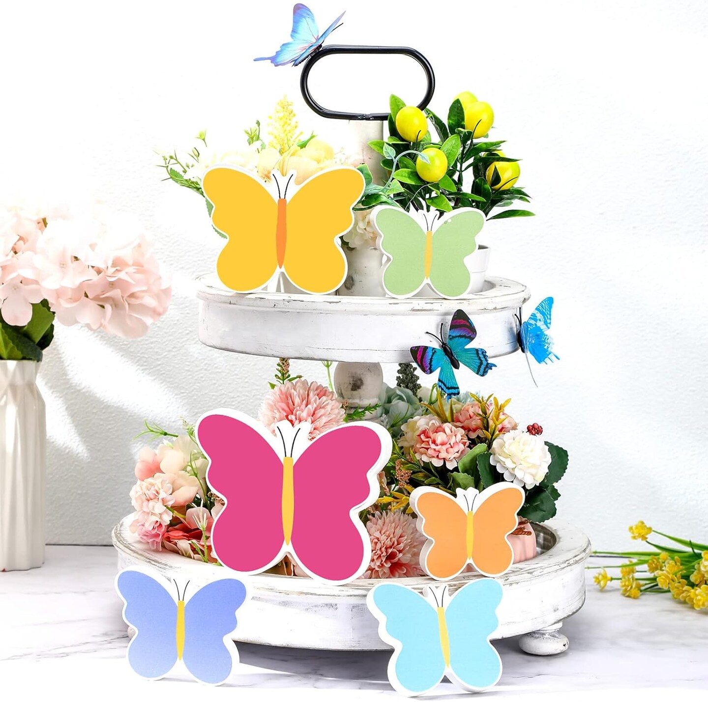 6-Piece Spring Butterfly Wooden Sign Set – 3D Colorful Tiered Tray & Farmhouse Table Decor
