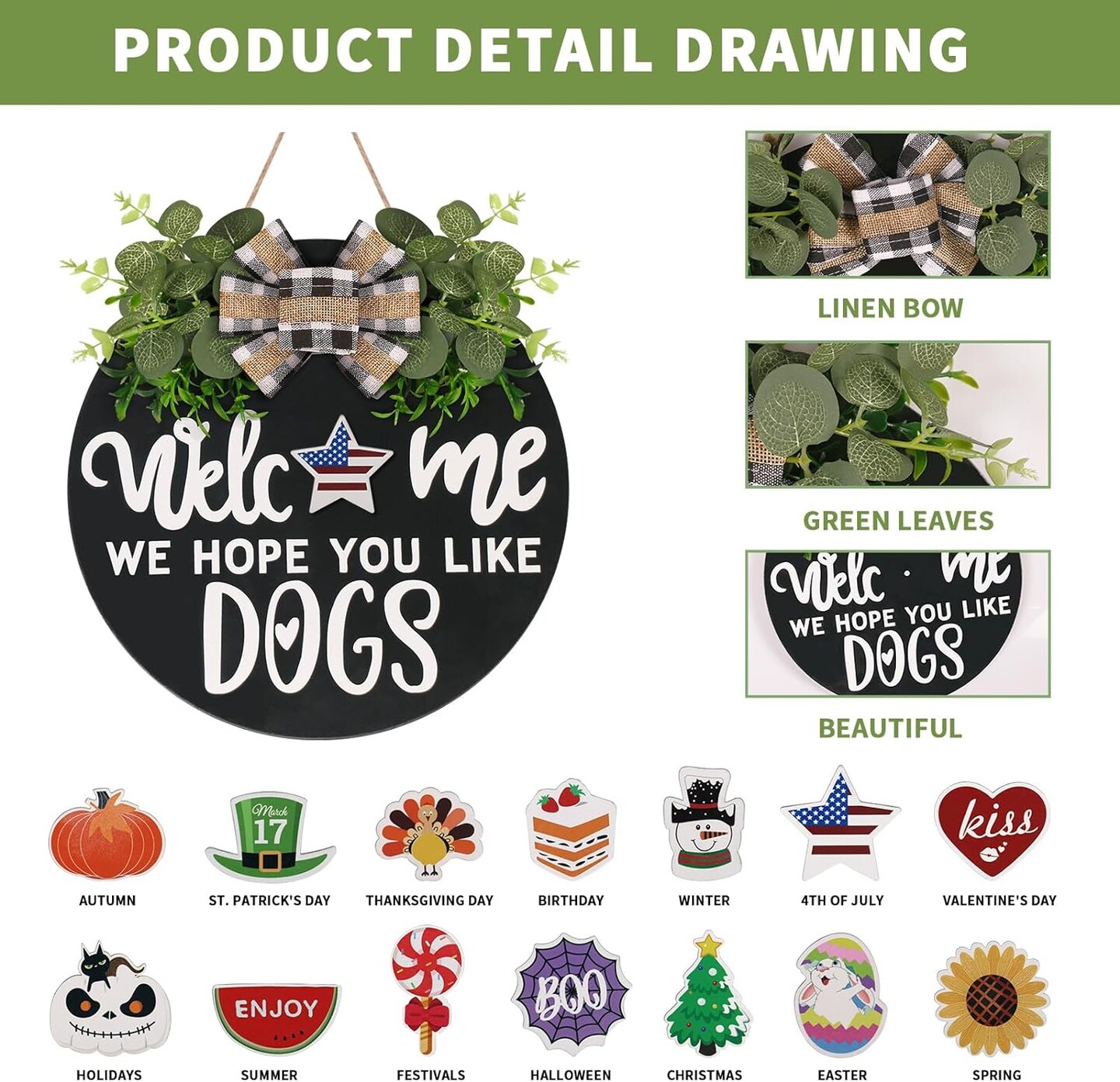 Interchangeable Wooden Seasonal Welcome Sign, Rustic Round Dogs Sign Front Door Wreaths