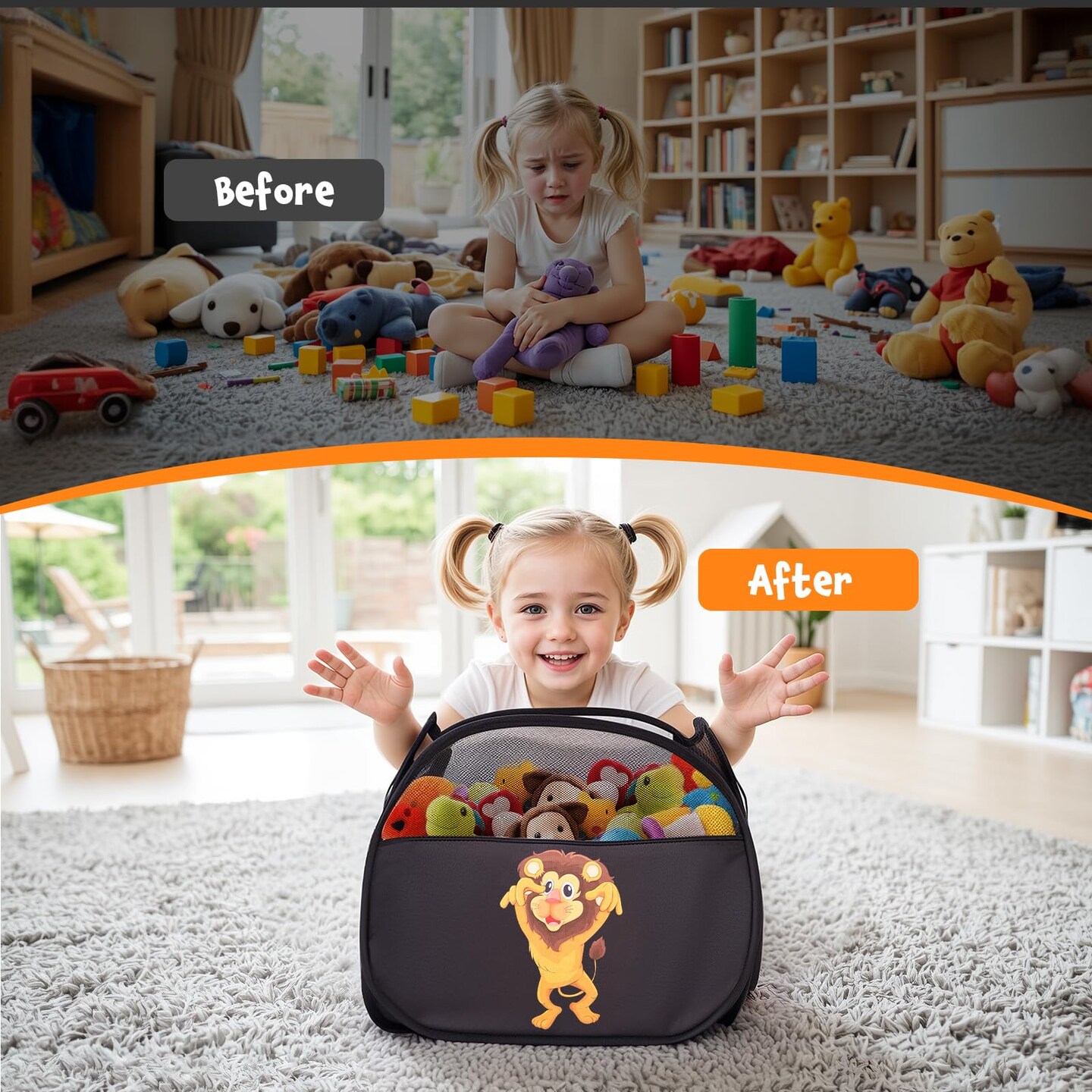 YOHOOLYO 95L Toy Storage Basket Box Chest for Boys Baby Toddler Kids, Collapsible Pop Up Large Mesh Toy Organizer Bin with Handles for Living Room Area, Playroom, Closet (Dinosaur&Lion)