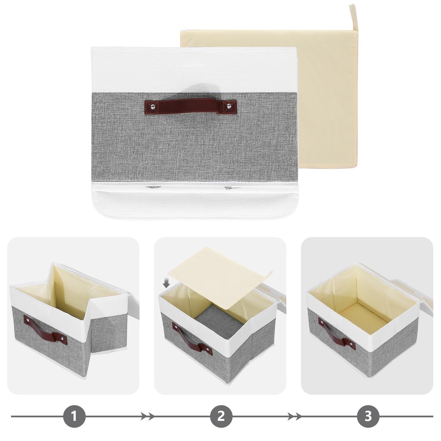 ANMINY Storage Boxes with Lids Washable Decorative Storage Bins Basket with PU Leather Handle Foldable Linen Fabric Storage Cubes Containers for Home Closet Organizer - Gray White, Small Size