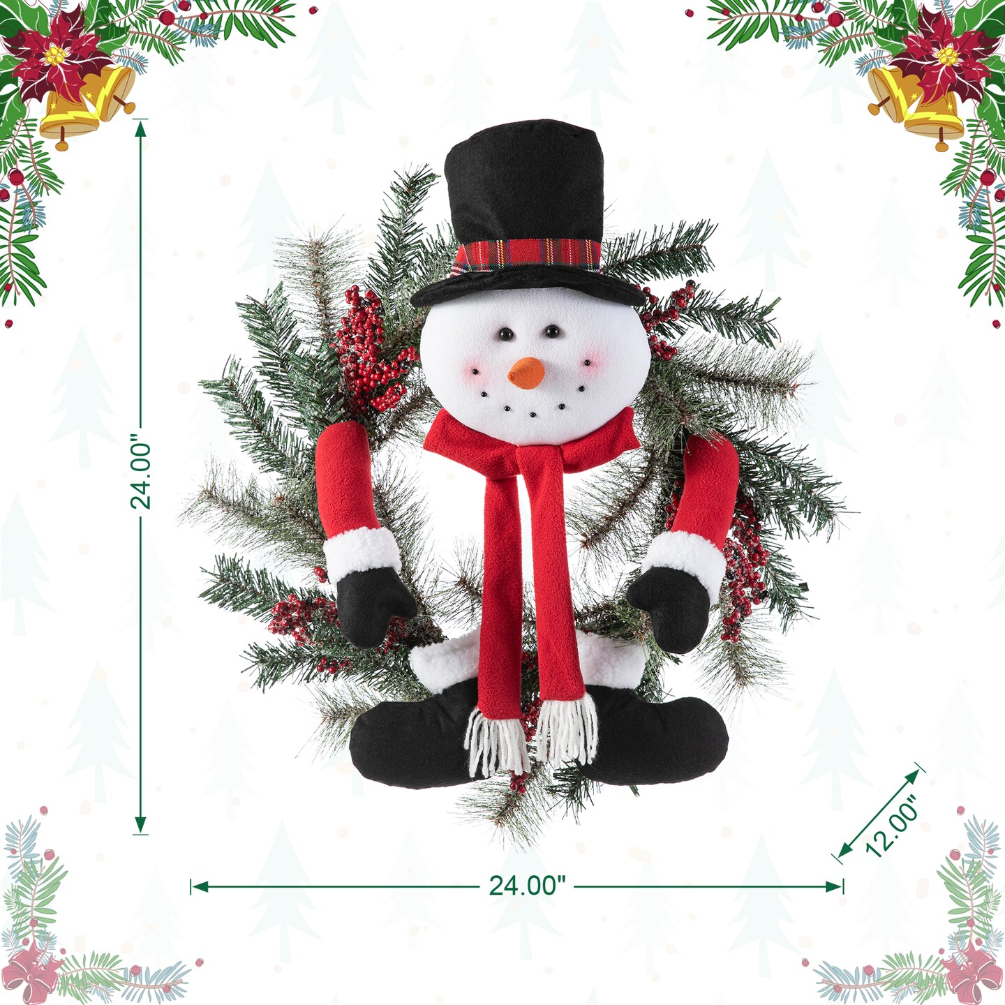 24&#x22;D Christmas Flocked Pine Needle &#x26; Berry Wreath with matched 20&#x201C;H Christmas Fabric Snowman Ornament Sets