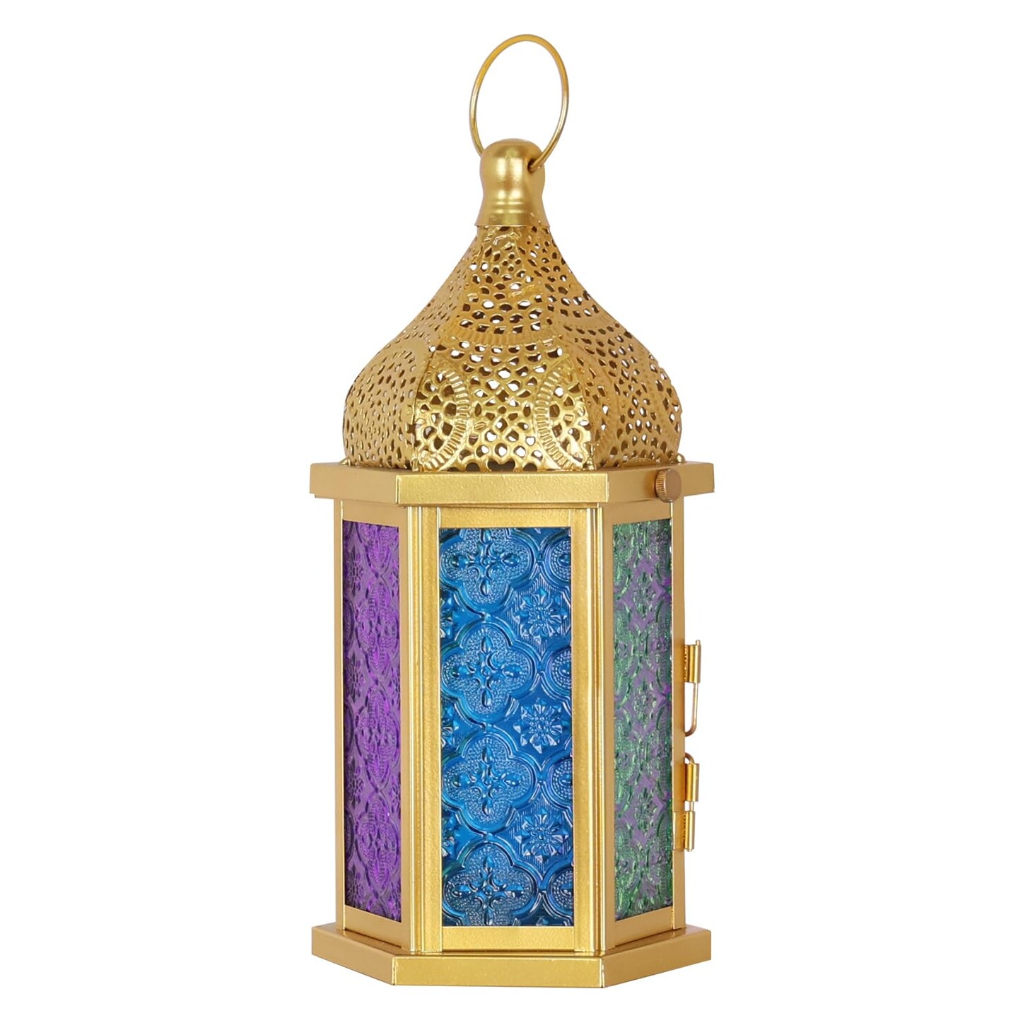 Ramadan Decorations, 13" Ramadan Lantern, Vintage Gold Metal Candle Lanterns with Glass, Ramadan Decor for Table, Wall, Porch, Eid Haning Decor Decorative Indoor Outdoor