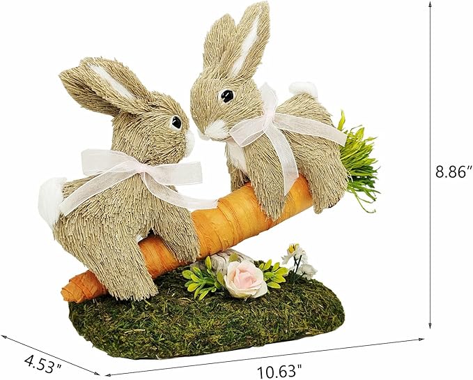 8.9 Inches Sisal Easter Bunny Decor on Carrot Seesaw, Natural Straw Easter Decorations Bunny Figurine on Moss Meadow as Spring Decor, Easter Table Decor