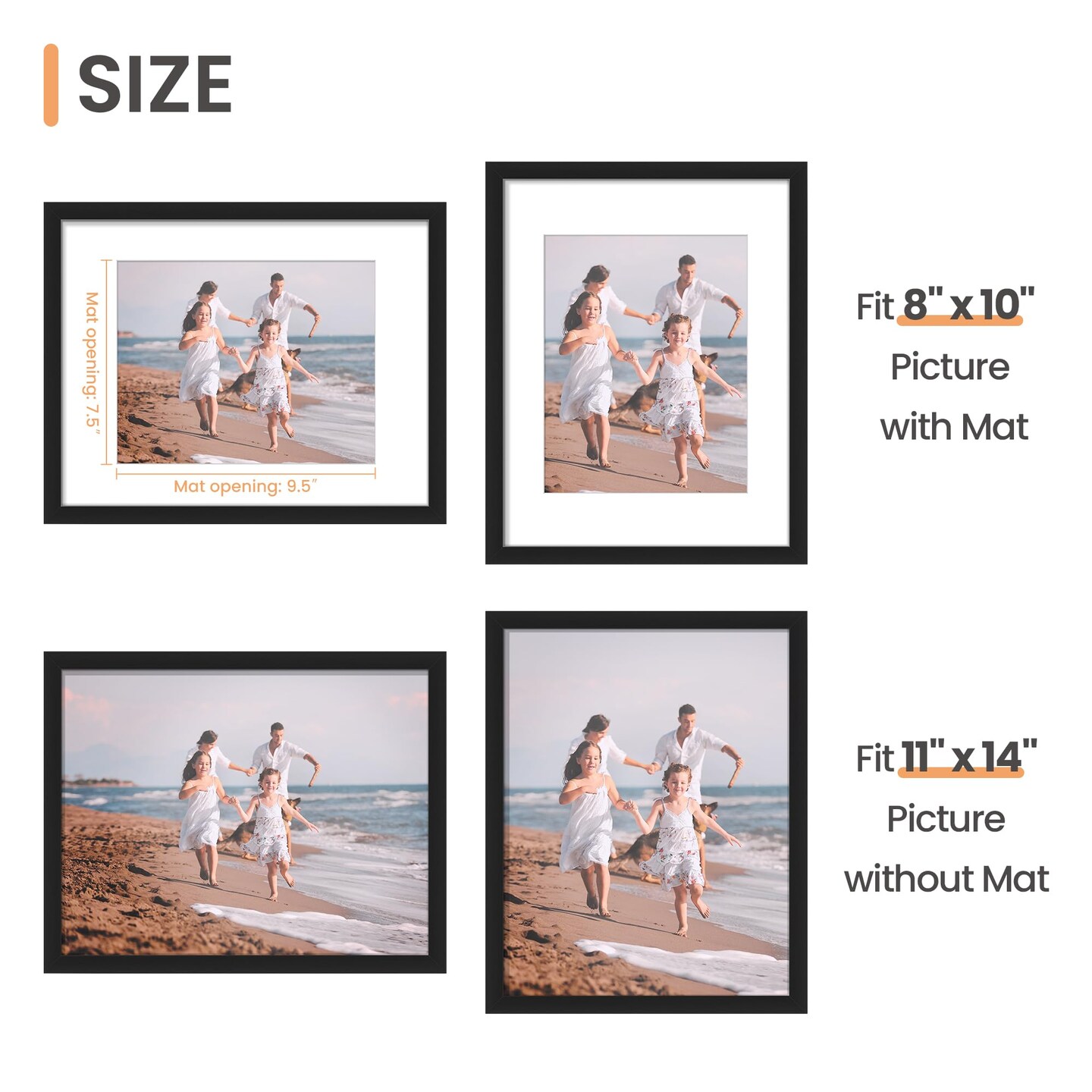 11x14 Picture Frame, Display Pictures 8x10 with Mat or 11x14 Without Mat, Wall Hanging Photo Frame, Black, 1 Pack