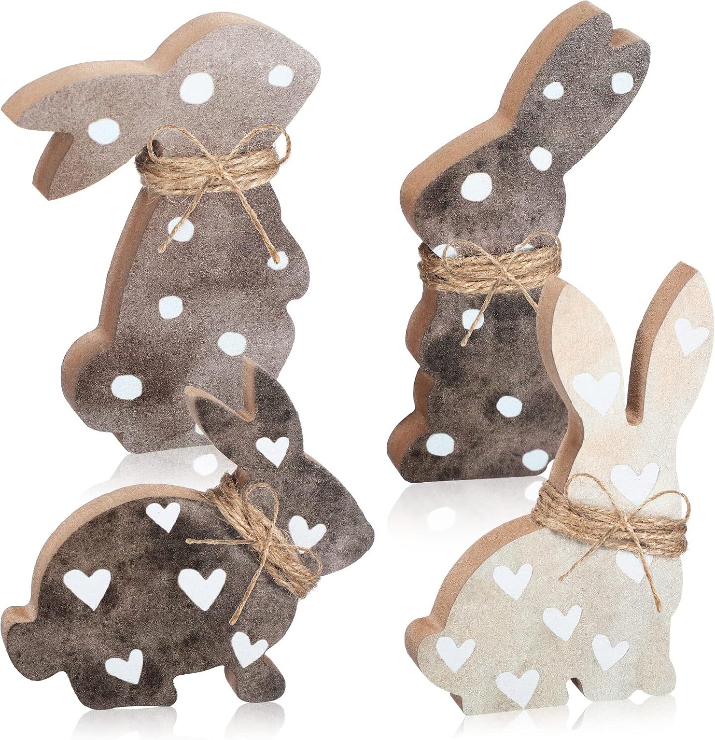 4 Pcs Easter Decoration Easter Bunny Wooden Sign Tabletop Rabbit Decor with Jute Rope Freestanding Farmhouse Rabbit Tiered Tray Decor for Spring Desk Decor (Brown)