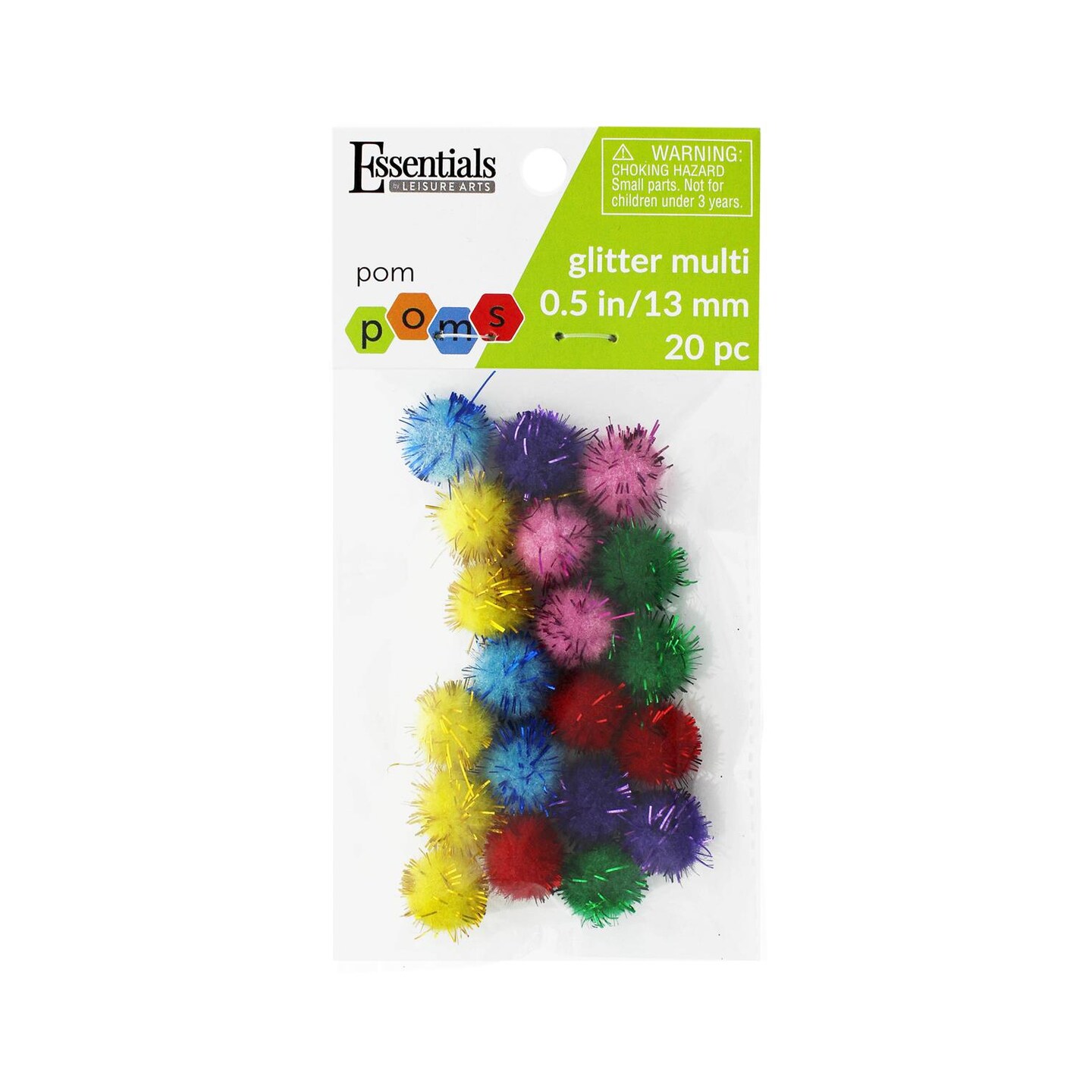 Essentials By Leisure Arts Pom Poms, Glitter Multi-Colored, 1/2&#x22;, 20 Pieces Per Pack