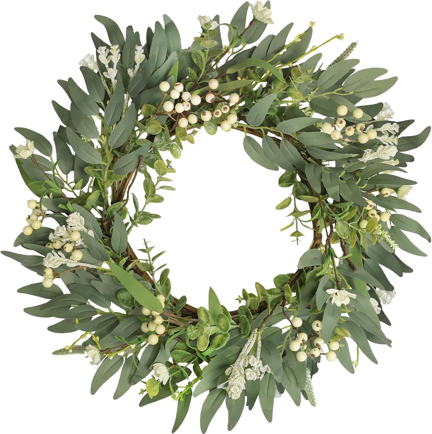 20&#x22; Artificial Eucalyptus Wreath - Spring/Summer Green Wreath with White Berries