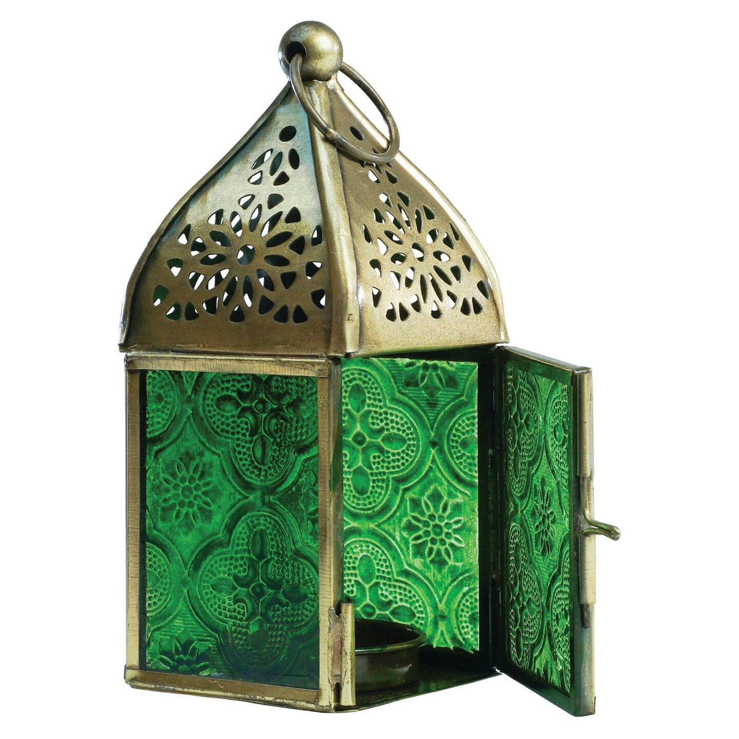 In the Breeze 9202 — Green Mini Square Tealight Lantern — Moroccan-Style Boho Chic Tealight Glass and Metal Tabletop Lantern
