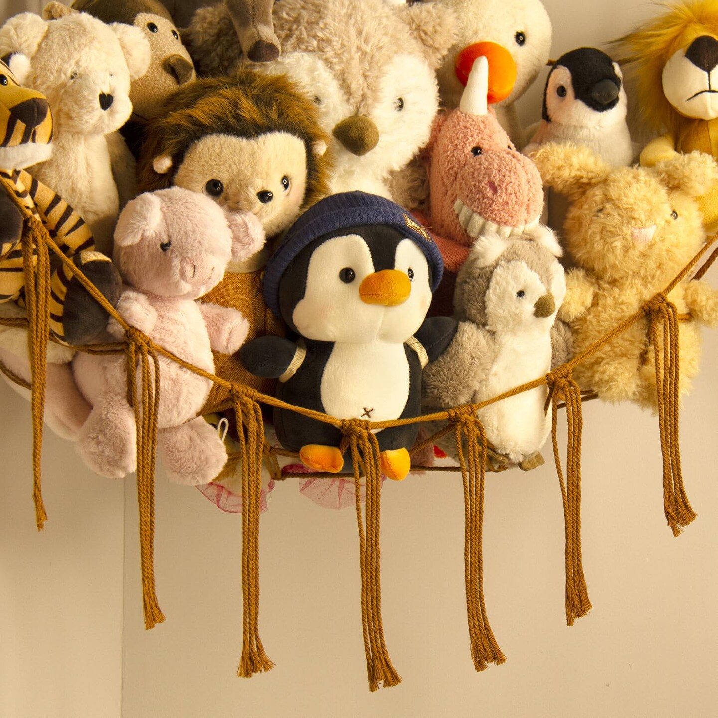 Stuffed Animal Hammock-Large Stuffed Animal Net For Toys Corner-Hanging Stuff Animal Toy Storage Organizer For Plush Plushie Display Caramel Toy Storage Girl Room Bedroom Boho Nursery Decor